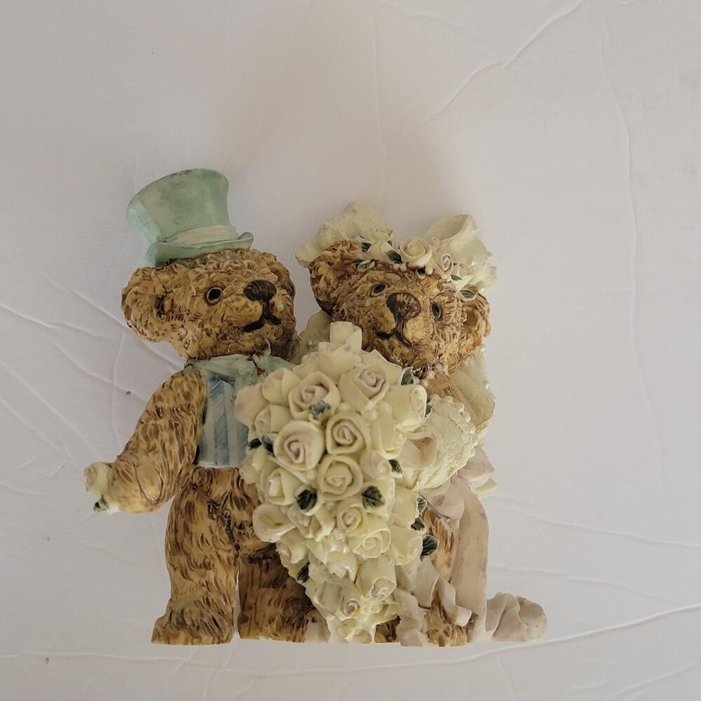 Jason Tang Wedding Bear Couple Brown Resin Figurine Floral Roses Small Textured